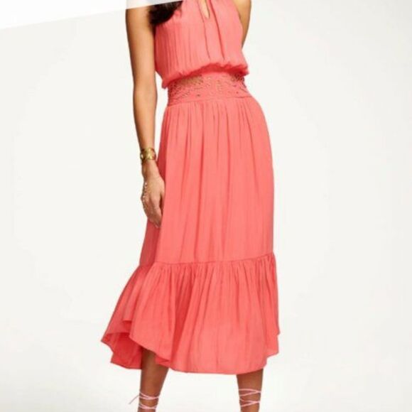 RAMY BROOK SIZE L Annette Halter Midi Dress In Punch PINK eyelet embroidered - Picture 3 of 11